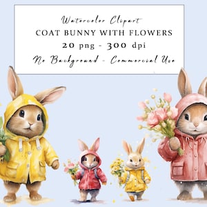 Coat Bunny with Flowers Watercolor Clipart, 20 PNG, Transparent Background, Commercial Use, Nursery Art, Bunny Clipart, Coat Bunny Clipart