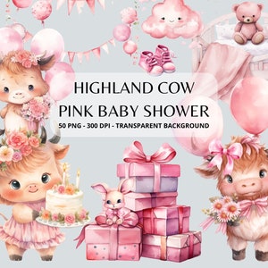 Highland Cow Baby Shower, Watercolor Clipart,Pink Baby Shower, Newborn Baby, Clipart Baby, Nursery PNG, Gender Reveal, Clipart Bundle
