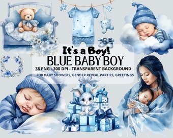 Baby Boy Bundle,Watercolor Clipart,Baby Shower,Newborn Baby, Clipart Baby, Nursery PNG,Gender Reveal,Clipart Bundle,Digital Instant