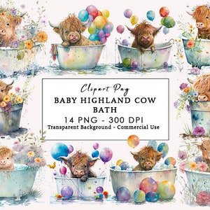 PNG della mucca delle Highland, clipart acquerello, bambino della mucca delle Highland, arredamento per la doccia per bambini, cuccioli di animali, clipart della mucca delle Highland, clipart png della mucca, bagno di mucca
