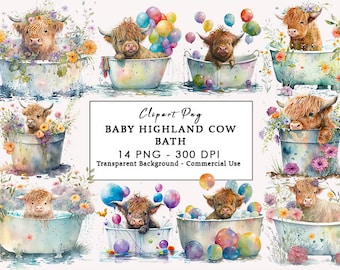 Highland Cow PNG, Watercolor clipart, Highland Cow Baby, Baby Shower decor, Baby animals, Highland Cow clipart, cow png clipart, cow bath