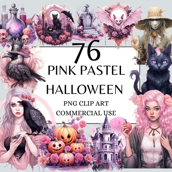 Pink Pastel Halloween Clipart, PNG, Full Commercial Use, Watercolor Fantasy Fairytale Clipart, with Instant Download, Pastel Witch PNG