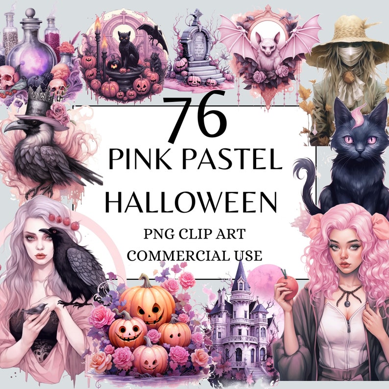 May include: 76 Pink Pastel Halloween PNG Clip Art Commercial Use. A set of digital illustrations featuring a variety of Halloween themes, including a spooky house, a witch, a black cat, a crow, pumpkins, and a graveyard. The illustrations are in a pastel pink color scheme.