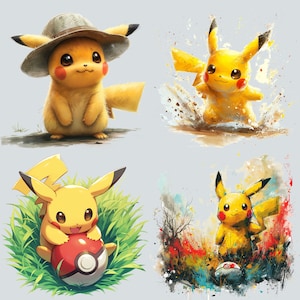 May include: Four digital illustrations of Pikachu, a yellow electric-type Pokemon. The first image shows Pikachu wearing a brown hat and looking at the viewer. The second image shows Pikachu running through a field of grass. The third image shows Pikachu holding a red and white Pokeball. The fourth image shows Pikachu standing in a field of flowers.