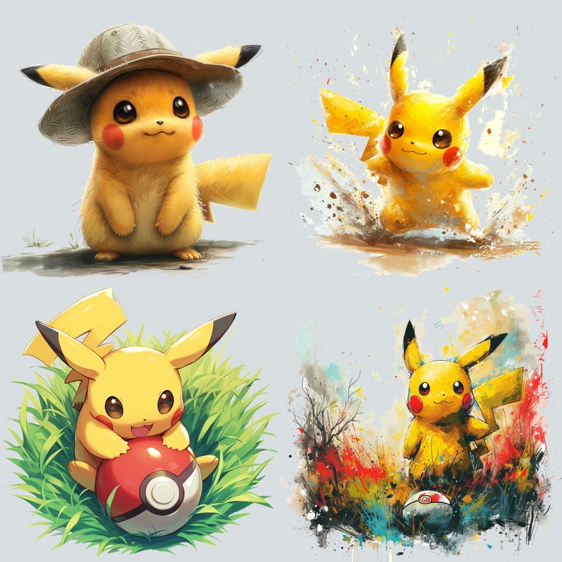 May include: Four digital illustrations of Pikachu, a yellow electric-type Pokemon. The first image shows Pikachu wearing a brown hat and looking at the viewer. The second image shows Pikachu running through a field of grass. The third image shows Pikachu holding a red and white Pokeball. The fourth image shows Pikachu standing in a field of flowers.