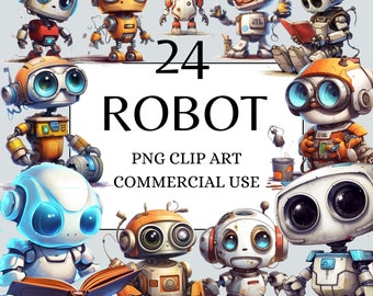 Cute Robot Watercolor Clip Art, Commercial Use, Transparent PNGs, Childrens Printables, Graphics and Illustrations for Party Invitations,