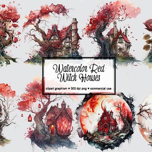 Watercolor Red Witch House Clipart, Fall Witch Cottage PNG Instant Download Commercial use Mystical Clipart Rose Witch House Cottage clipart