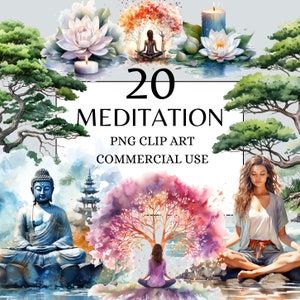 Meditation Clipart, Buddha PNG, Commercial Use, Watercolor Selfcare Clipart, Lotus Flower Clipart with Instant Download Yoga PNG Zen Clipart