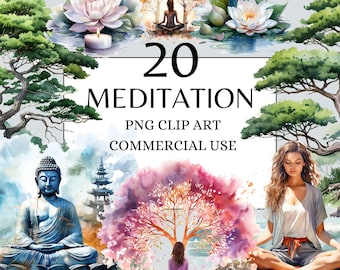 Clipart di meditazione, PNG di Buddha, Uso commerciale, Clipart di cura personale dell'acquerello, Clipart di fiori di loto con download istantaneo Yoga PNG Zen Clipart