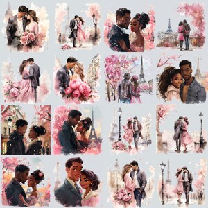 May include: A collage of 10 watercolor illustrations depicting couples in love in Paris. Each illustration features a couple in a romantic embrace, with the Eiffel Tower and other Parisian landmarks in the background.