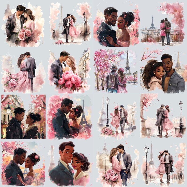 May include: A collage of 10 watercolor illustrations depicting couples in love in Paris. Each illustration features a couple in a romantic embrace, with the Eiffel Tower and other Parisian landmarks in the background.