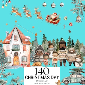 140 Cute Christmas Day Clipart - Cute Santa Claus - Sweet Christmas Afro Family  - Watercolor Christmas Clipart COMMERCIAL LICENSE INCLUDED