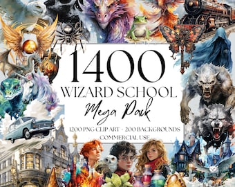 1200 clipartów Szkoły Czarodziejów + 200 teł, JPEG + PNG clipart Halloween, akwarelowa czarownica i czarodziej, magiczny eliksir, pakiet Magic Academia
