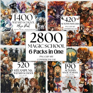 Mega-Bundle mit 2800 Cliparts zum Thema Zauberschule, 6 Pakete in einem, Cliparts zu Zaubertränken, Halloween, Zauberschule und Hexe