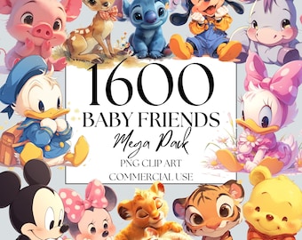 Baby Friends Clipart MegaPack of 1600 PNG, Watercolor Birthday Party Clipart Fantasy Fairytale Clipart, for Commercial Use Digital Download,