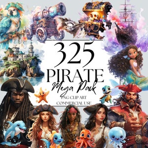325 Pirate Clipart, Mermaids Clipart Pirate Ship, Tresor Chest, Pirate Bay, Sea Animals and Fishes for Digital Download, Pirate png