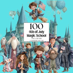 Clipart de acuarela de la Escuela de Magia del 4 de julio, Clipart de la Escuela de Magos Estadounidenses, Imágenes del Día Patriótico, Magos del 4 de julio, Bandera estadounidense PNG
