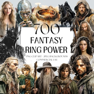 Clipart di 700 Anelli del Potere Fantasy, Terra di Mezzo, Mago Grigio, Illustrazione ad Acquerello, Regina degli Elfi, Signore Oscuro, Ranger, Regalo per Lettori di Trilogia PNG