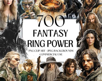 700 Fantasy Power Rings Clipart, Middle Earth, Gray Wizard, Watercolor Illustration, Elf Queen, Dark Lord, Ranger, Trilogy Reader Gift PNG