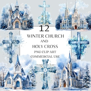 Watercolor Church Clipart Christmas Church Holy Cross Clipart Winter Church Xmas decor, Christmas Jesus Clipart Winter Holidays Clipart PNG