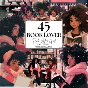 Acquerello Afro Girl Clipart Winter Book Lover Clipart Rosa Afro American Clipart, Clipart Self Care, Black Girl Clipart, Book Store Clipart