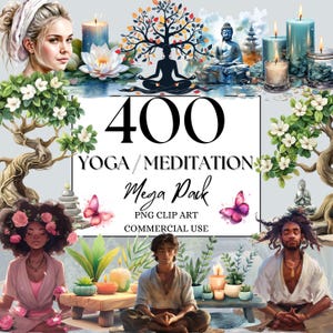 400 aquarel yoga minnaar clipart bundel, meditatie illustraties, zelfzorg PNG, ontspanning, fitness digitale download stickers, commercieel gebruik