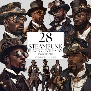 Steampunk Gentleman Clipart, Aquarell Steampunk Black Man Clipart, Fantasy Steampunk PNG Bundle, Viktorianisches PNG, Black Man PNG