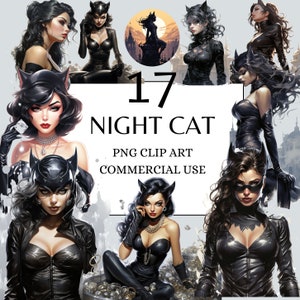Night Cat Clipart, PNG, Uso commerciale completo, Acquerello Fantasy Vigilante Clipart, Download istantaneo, Cat Vigilante, Latex Cat Girl PNG