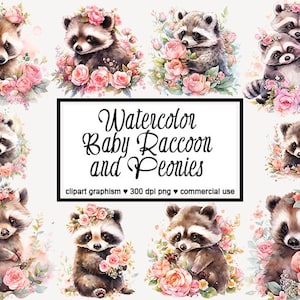 Raccoon with Peonies Clipart Peonies Raccoon Clipart Watercolor Baby Raccoon Clipart Raccoon Floral Clipart Raccoon PNG Raccoon Flowers