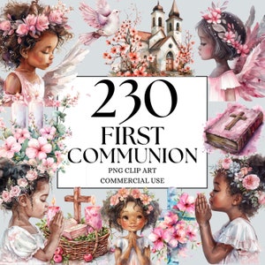 First Holy Communion Clipart Bundle - African Girl Communion 230 PNG Files, Pink roses communion, Black Girl Praying, Pink Religious Clipart