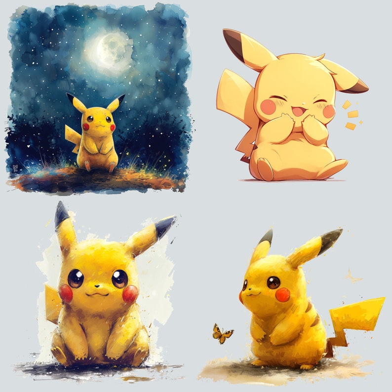 May include: Four illustrations of Pikachu, a yellow electric-type Pokemon. The first image shows Pikachu standing in a starry night sky. The second image shows Pikachu smiling and clapping its hands. The third image shows Pikachu standing on a light brown surface. The fourth image shows Pikachu standing on a light brown surface with a butterfly.