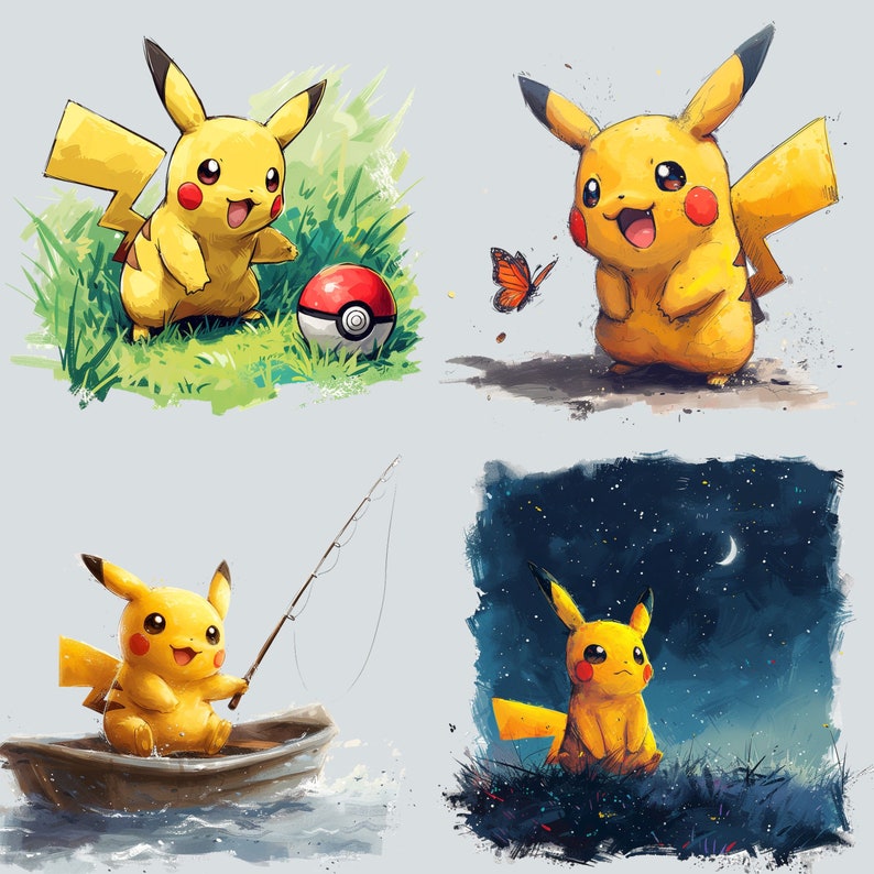 May include: Four illustrations of Pikachu, a yellow electric-type Pokemon. The first shows Pikachu standing in a grassy area with a Pokeball. The second shows Pikachu standing on a dirt path with a butterfly. The third shows Pikachu in a boat with a fishing rod. The fourth shows Pikachu standing in a starry night sky.