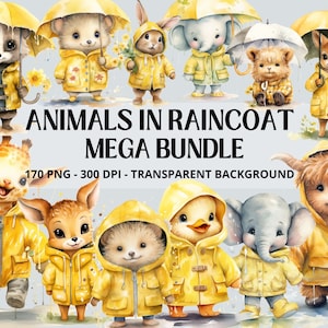 Animales en imágenes prediseñadas de impermeable, animales en chaqueta de lluvia bebé jirafa clipart, bebé mapache, bebé elefante, bebé cervatillo, bebé hegdehog abrigo amarillo