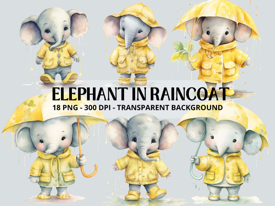 Elephant in Raincoat Clipart, Animals in Raincoat, Rainy Elephant