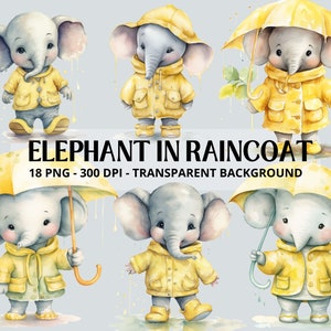 Elephant in Raincoat Clipart, Animals in Raincoat, Rainy Elephant Clipart PNG, Watercolor Clipart, Nursery Decor, Scrapbooking, Junk Journal