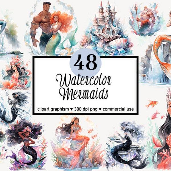 Mermaid Watercolor Clipart - 48 Magical Enchanting Fairy Illustrations, Cute Storybook, Mermaid PNG Instant Download Commercial Use