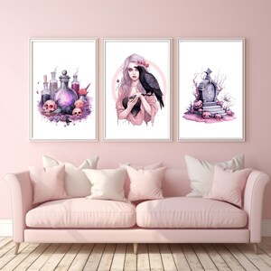 May include: Three framed prints with a gothic theme. The left print features a collection of potion bottles, skulls, and berries. The center print shows a woman with a crown of roses holding a raven. The right print depicts a tombstone with a gothic arch and a path leading up to it.