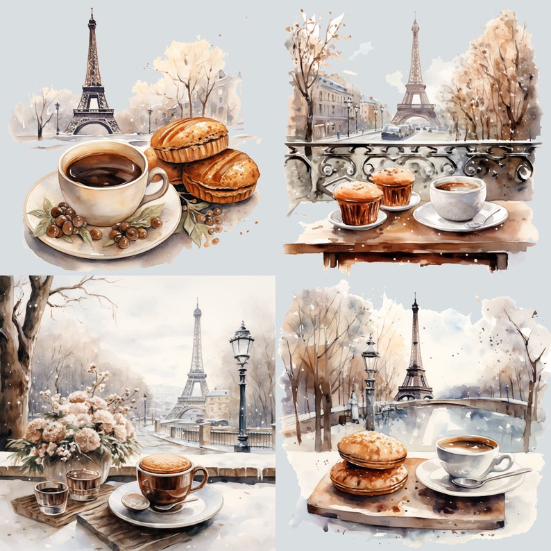 May include: Four watercolor paintings depicting Parisian scenes with coffee and pastries. Each painting features the Eiffel Tower, a cafe setting, and a cup of coffee or tea. The first painting shows a cup of coffee and pastries on a table with a view of the Eiffel Tower. The second painting shows a cup of coffee and pastries on a table with a view of the Eiffel Tower. The third painting shows a cup of coffee and pastries on a table with a view of the Eiffel Tower. The fourth painting shows a cup of coffee and pastries on a table with a view of the Eiffel Tower.
