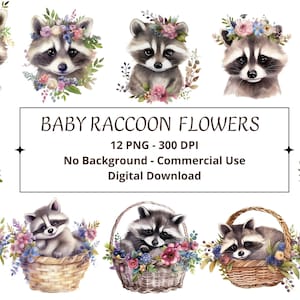 Baby Raccoon Flowers Illustrations, Raccoon Print Instant Download, Commercial Use, Watercolor Baby Raccoon Clipart, Raccoon Nursery Art