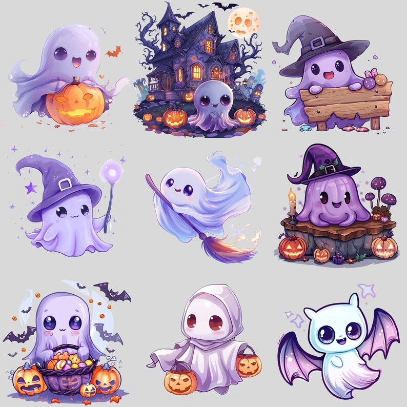 May include: Nine cute cartoon ghosts in various poses, some wearing hats and holding pumpkins, brooms, and candy.  The ghosts are purple, white, and blue.  The background is a light gray.