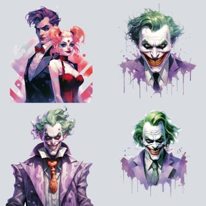 May include: Four digital illustrations of characters from the Batman universe. The top left image shows a man with purple hair and a woman with red and white hair. The top right image shows a man with green hair and a purple suit. The bottom left image shows a man with green hair and a purple suit. The bottom right image shows a man with green hair and a purple suit.