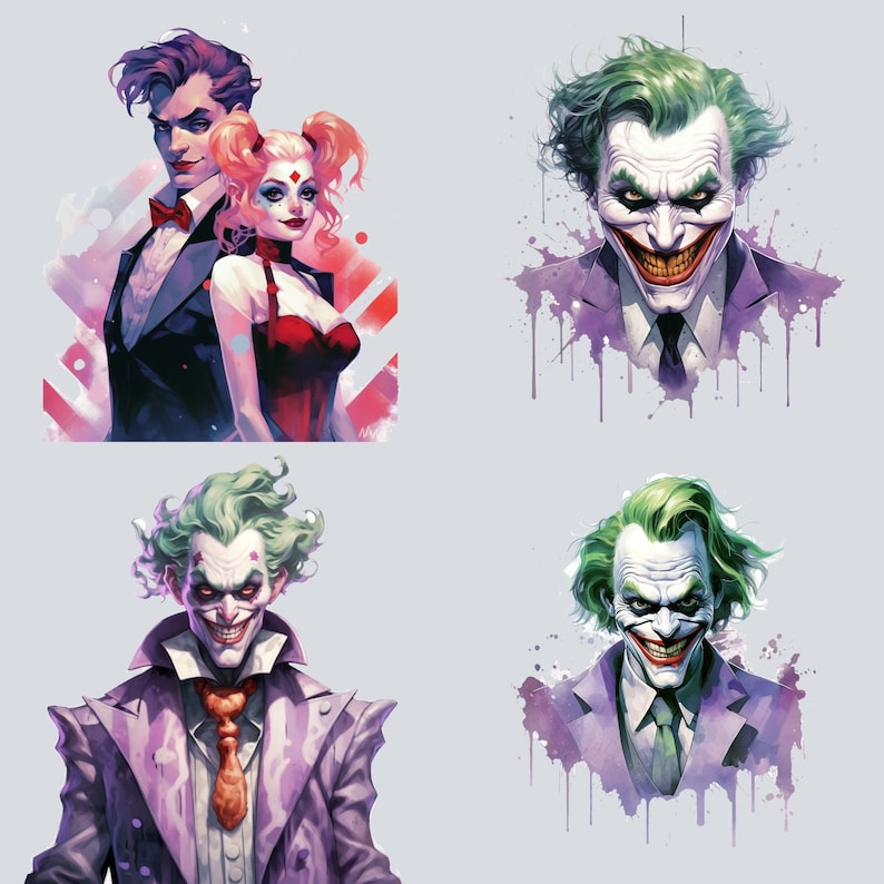 May include: Four digital illustrations of characters from the Batman universe. The top left image shows a man with purple hair and a woman with red and white hair. The top right image shows a man with green hair and a purple suit. The bottom left image shows a man with green hair and a purple suit. The bottom right image shows a man with green hair and a purple suit.