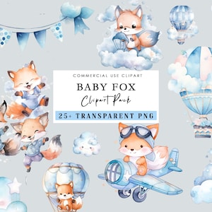 Pacchetto clipart acquerello Baby Fox, Baby Shower per un ragazzo, clipart per uso commerciale, PNG trasparente, palloncini aeroplano blu, Fox Baby Shower