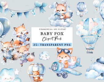 Watercolor Baby Fox Clipart Pack, Baby Shower for a boy, commercial use clipart, Transparent PNG, Blue Aeroplane Balloons, Fox Baby Shower