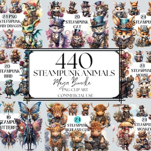 Pu&ograve; includere: Una collezione di clipart digitale di 440 animali steampunk. Le immagini includono una variet&agrave; di animali, come gatti, uccelli, farfalle, mucche, topi, volpi e draghi. Ogni animale &egrave; rappresentato in stile steampunk, con ingranaggi, ruote dentate e altri elementi meccanici.