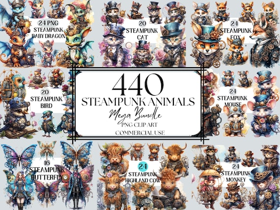 Steampunk Animals Mega Bundle Clipart - 440 Steampunk Clipart, Digital Victorian Art PNG Decor, DIY Projects, Scrapbooking, Invitations