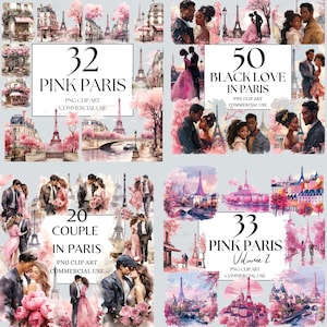May include: A digital collage of 4 images featuring couples in Paris. The images are in a watercolor style and feature pink and white flowers, the Eiffel Tower, and other Parisian landmarks. The text on the images reads "32 Pink Paris", "50 Black Love in Paris", "20 Couple in Paris", and "33 Pink Paris Volume 2".
