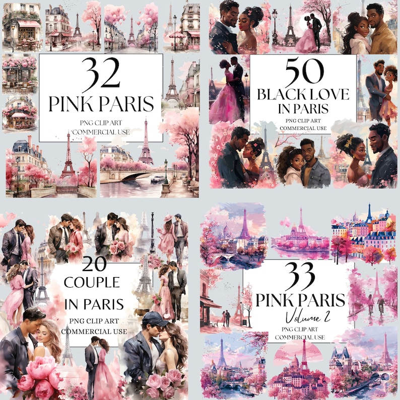May include: A digital collage of 4 images featuring couples in Paris. The images are in a watercolor style and feature pink and white flowers, the Eiffel Tower, and other Parisian landmarks. The text on the images reads "32 Pink Paris", "50 Black Love in Paris", "20 Couple in Paris", and "33 Pink Paris Volume 2".