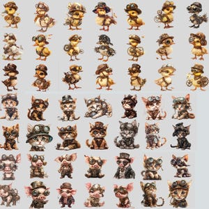 Pu&ograve; includere: Una collezione di 50 illustrazioni digitali con animali fantasiosi ispirati allo steampunk. Le illustrazioni presentano una variet&agrave; di animali, tra cui gatti, maiali e anatre, tutti con occhiali e altri accessori steampunk. Le illustrazioni sono in stile cartone animato e sono perfette per l'uso nel digital scrapbooking, nella creazione di biglietti o in altri progetti creativi.