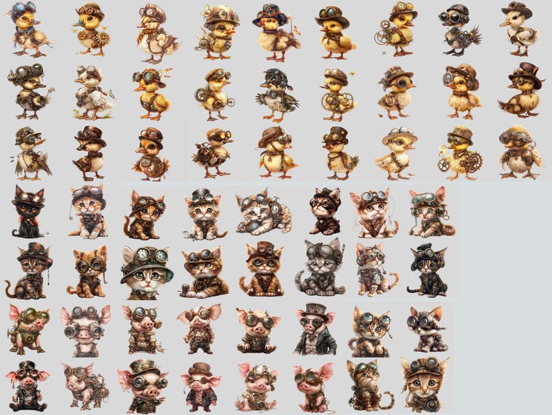 Pu&ograve; includere: Una collezione di 50 illustrazioni digitali con animali fantasiosi ispirati allo steampunk. Le illustrazioni presentano una variet&agrave; di animali, tra cui gatti, maiali e anatre, tutti con occhiali e altri accessori steampunk. Le illustrazioni sono in stile cartone animato e sono perfette per l'uso nel digital scrapbooking, nella creazione di biglietti o in altri progetti creativi.